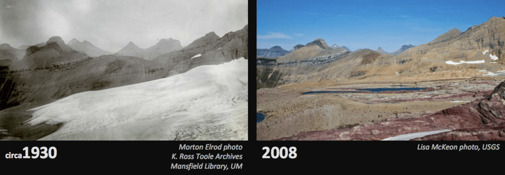 A "before and after" photo of Sperry Glacier in 1930 and again in 2008, nearly recreating the previous photo's angle. In the 1930 show, glacial ice fills the frame. In the 2008 shot, all that remains is the small pools from the previous photo.