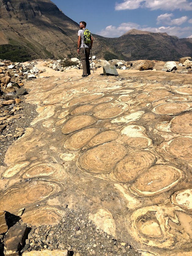 Dustin stands at the top of this vertical image, a row of mountains and cloud-dotted blue sky visible behind him. But the bottom two-thirds of the image is covered by the foreground, a bare rocky surface covered with circular patterns. 