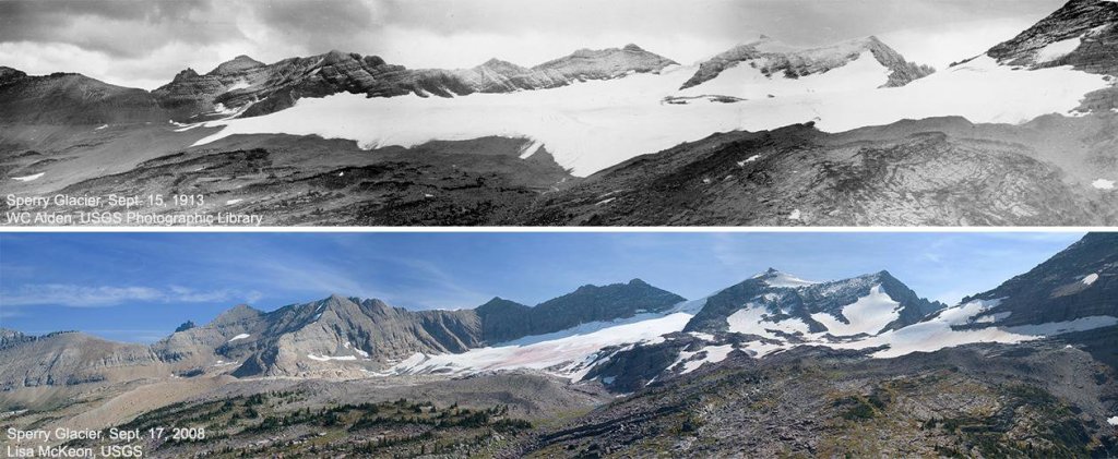 A "before and after" shot showing Sperry Glacier in 1913 and again in 2008, taken from the same angle. The 1913 glacier nearly fills the frame, while the 2008 glacier takes up only a small portion of the center of the frame.