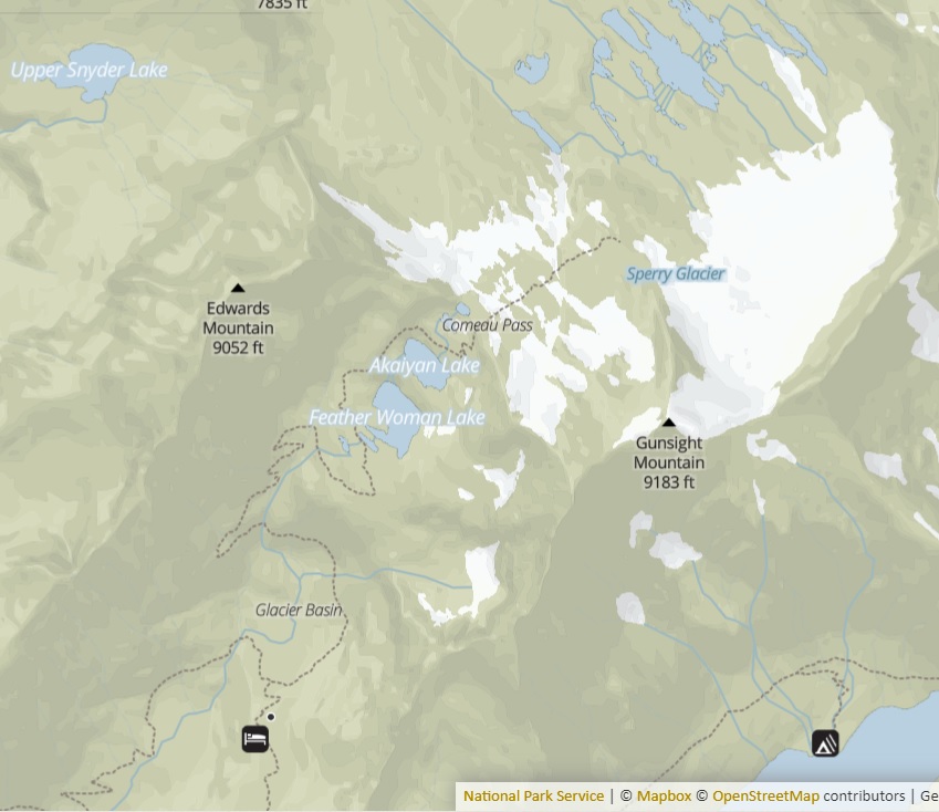 A map showing Sperry Chalet at bottom left and Sperry Glacier at top right. A dotted line indicates the trail connecting the two. 