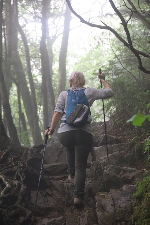Laura, center, back to camera, uses hiking poles to navagate a steep, rocky incline on a hiking trail.