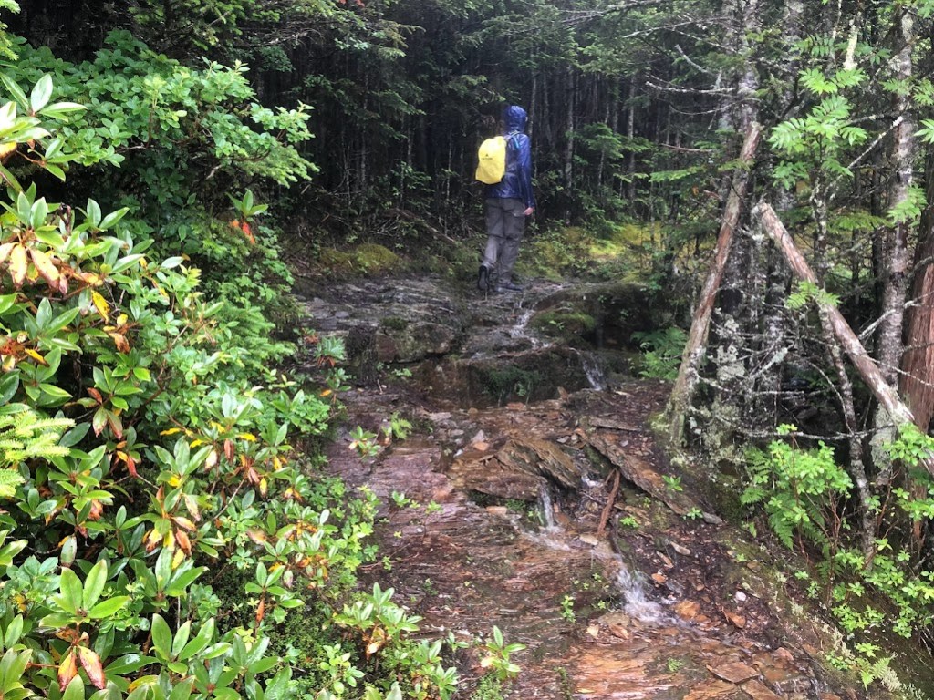 Dustin, wearing a raincoat and rain protector on his pack, hikes away from the camera over a small cascade.