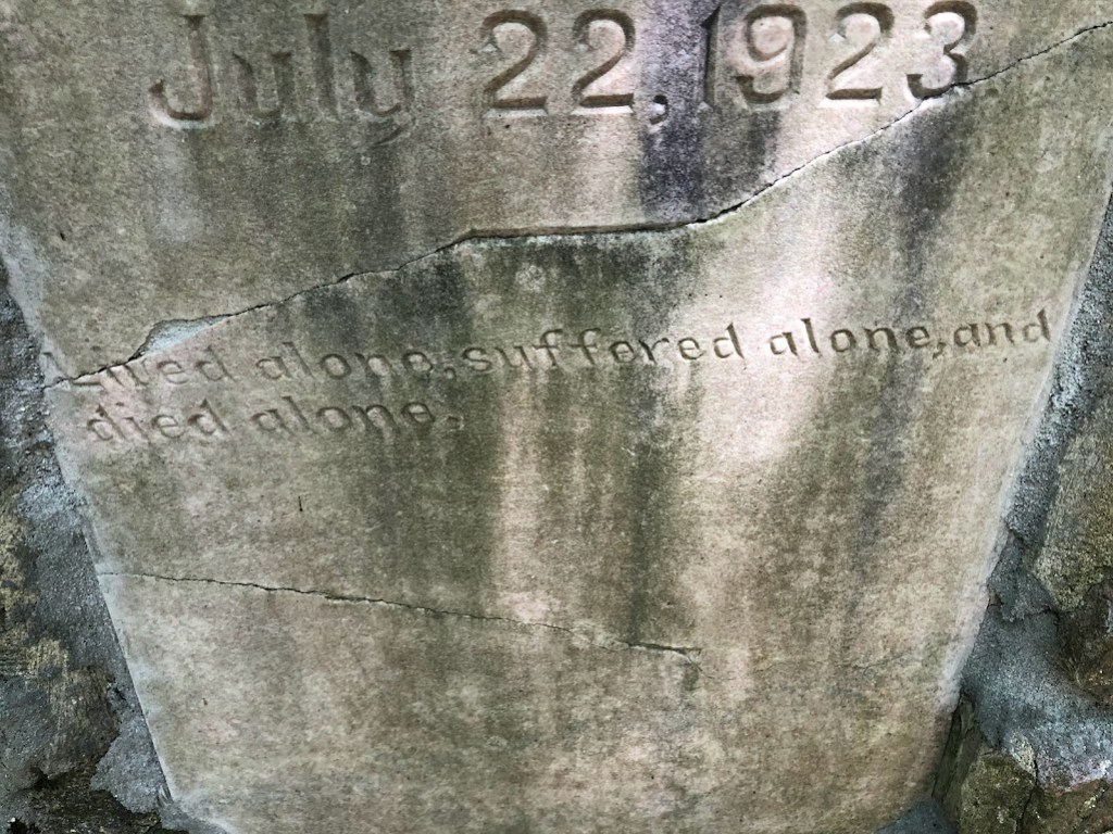 A closeup of the text that couldn't be read in the previous photo says: 

Lived alone, suffered alone, and died alone. 