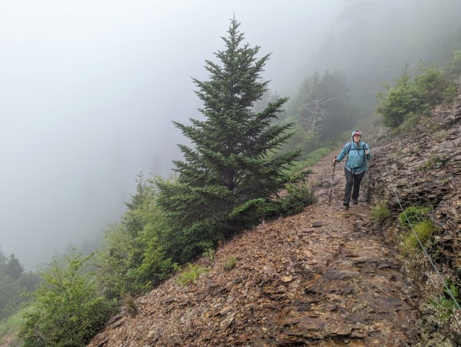 Laura walks toward the camera wearing a raincoat along a trail cut into the side of a rocky slope. A spruce tree is visible to one side, but everything else is hidden in fog.