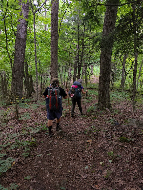 Laura in the lead, followed by Hobz, walk away from the camera down a forest trail.