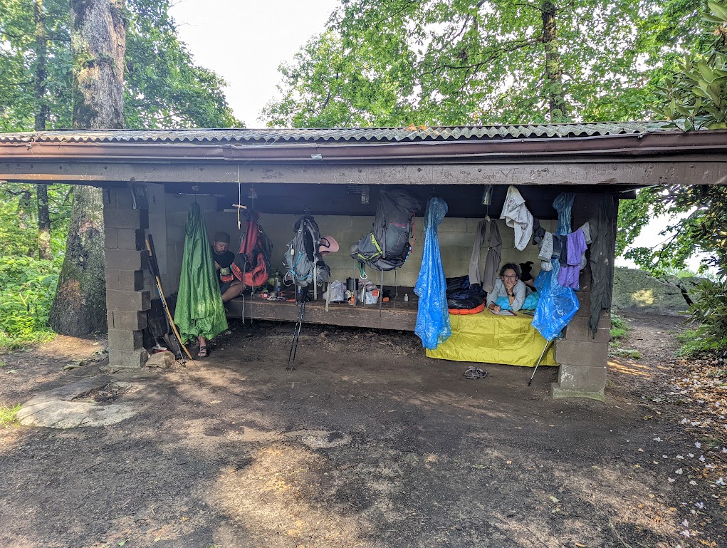 Rain gear and backpacks and discarded clothing hang from every available hook on the roof of a three-sided AT shelter building. Hobz sits on the shelter's platform to the far left, Laura lays on the platform, looking at the camera, to the far right. Sun hits the ground through the trees.