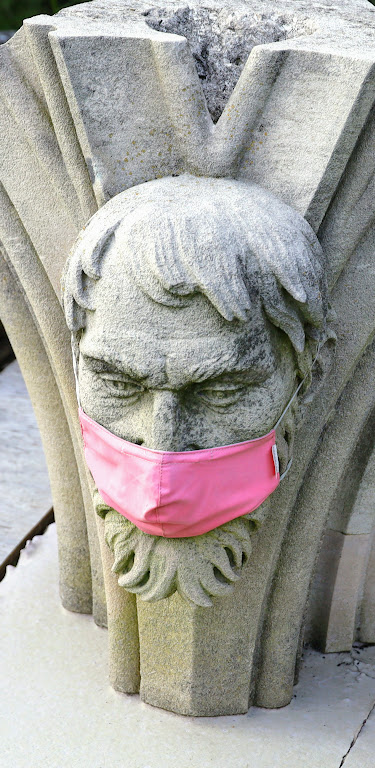 A cathedral grotesque featuring the face of a bearded man. His other features are obscured because he is wearing a neon pink cloth face mask.