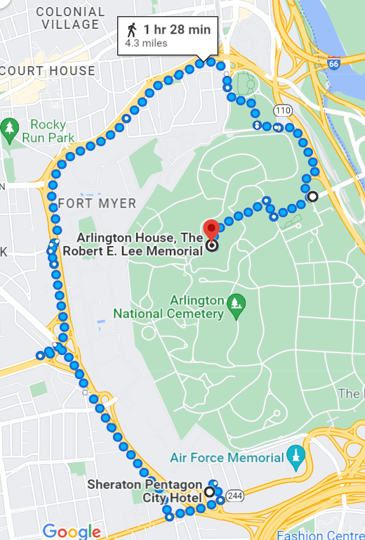 A google map route showing a 1:28-minute (4.3-mile) walk from the center of the cemetery in a counterclockwise spiral leading out through the main gates then all the way back around to the hotel, at the bottom of the frame. 