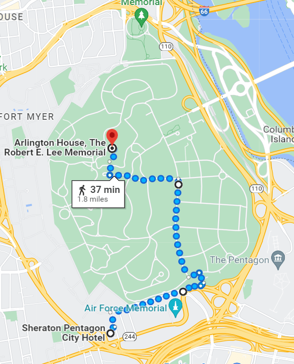 The same google map, but this time showing a 37-minute (1.8-mile) walk that nearly directly south from the center of the cemetery, out a side entrance, back to the hotel. 