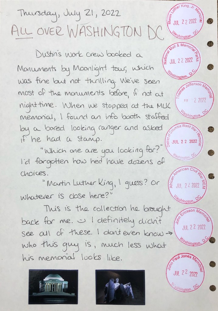 The journal page that has been transcribed by the first part of this blog post. It depicts 7 National Park passport stamps down the right side. 