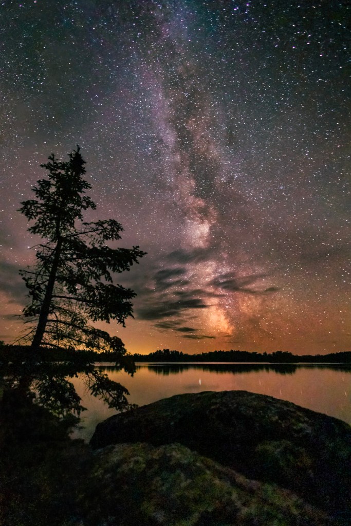 The clouds from the above photo have moved to cover the portion of the Milky Way closest to the horizon. A silhouette of an evergreen fills the foreground to the left of the photo. 