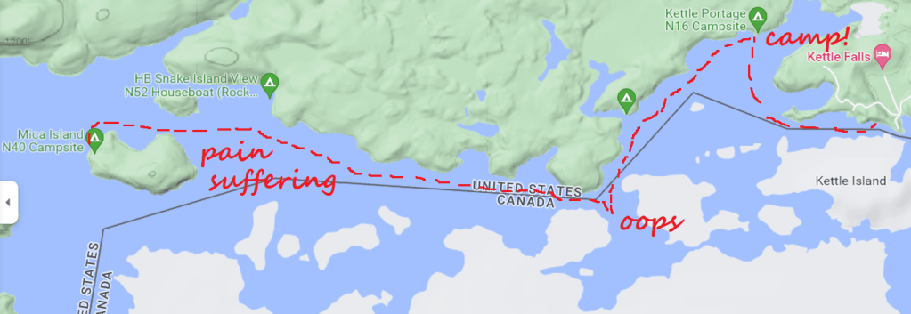 A google maps image showing a detail of Voyageurs National Park, encompassing Kettle Falls on the far right and Mica Island on the far west. A black line running through the lakes indicates the US/Canada border. A red dotted line runs from Kettle Falls north to Kettle Portage Campsite, then southwest to a point where it crosses the international border. This point has a red label reading, "oops". The dotted line continues west across a wide expanse of water, which eventually contains a label reading "pain, suffering". Just west of this is Mica Island, where the dotted line ends.  