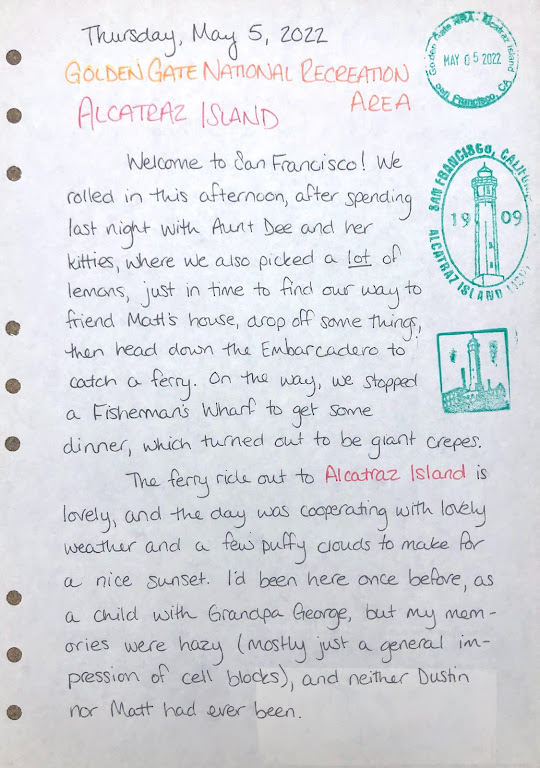 A photo of a handwritten journal page. Green stamps depicting the lighthouse on Alcatraz Island, one in an oval and one in a rectangle, are on the top right corner of the page. A full transcription of the writing is below. 