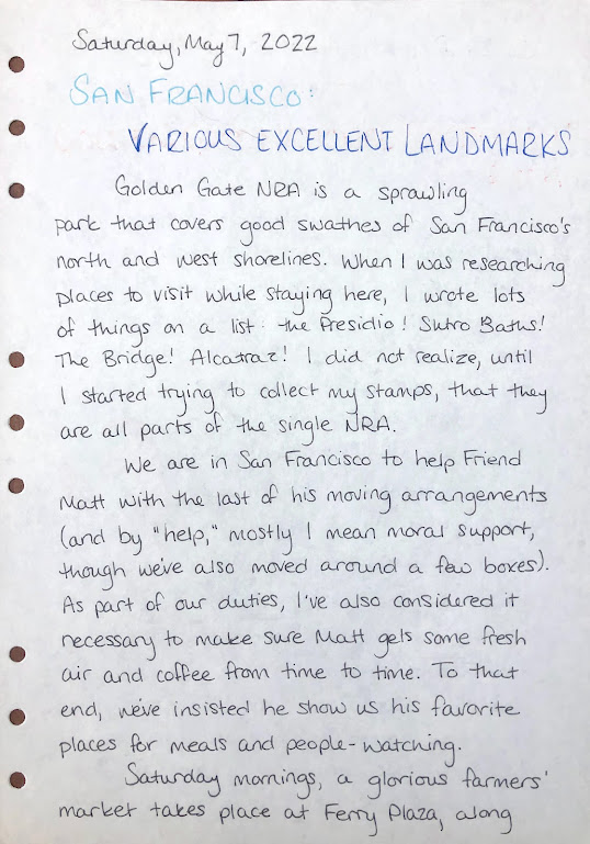 A photo of a handwritten journal page. The title is in blue with all other writing in black. A full transcription of the writing is below. 