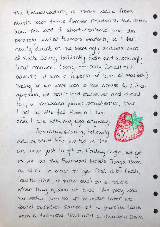 A photo of a handwritten journal page. An ink sketch of a strawberry is on the middle right of the page. It's an extremely excellent sketch. A full transcription of the writing is below. 