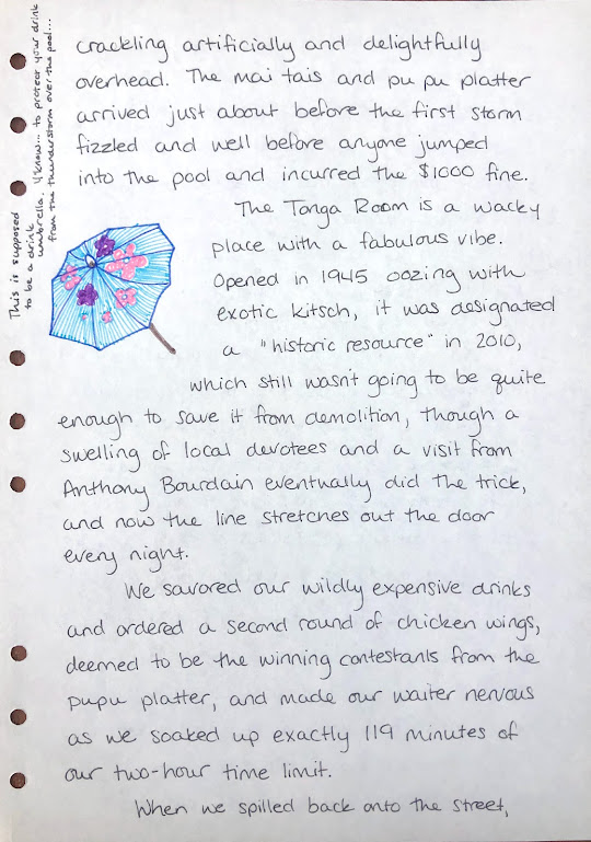 A photo of a handwritten journal page. A blue cocktail umbrella with pink and purple flowers has been sketched on the lefthand side. It is a very mediocre sketch. The sketch is labeled, "This is supposed to be a drink umbrella. Y'know.. to protect your drink from the thunderstorm over the pool." A full transcription of the writing is below. 