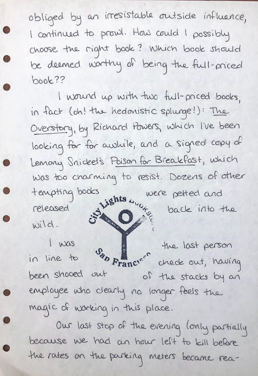 A photo of a handwritten journal page. A stamp from City Lights Bookstore is smack in the middle of the page, making the writing around it confusing to read. A full transcription of the writing is below. 