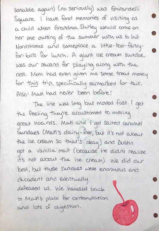 A photo of a handwritten journal page. A cherry has been doodled in the bottom right corner. It is a very red cherry. A full transcription of the writing is below. 