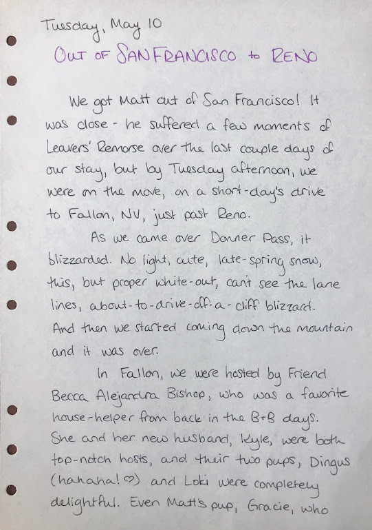 A handwritten journal page, with a heading in purple ink and the remainder of the page in black ink.