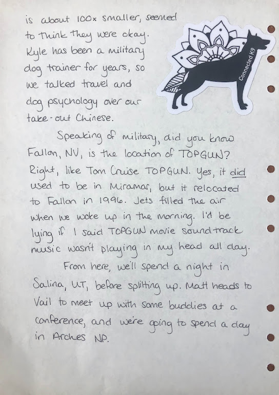 A handwritten journal page in black ink. A sticker in the upper right corner shows the logo for Connected K9, the profile silhouette of a dog looking to the right with a stylized flower in the background.