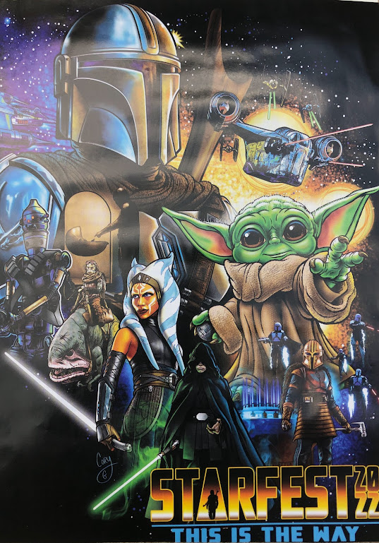 The front page of the "StarFest 2022: This is the Way" program booklet, showing a collage of characters from The Mandalorian. 
