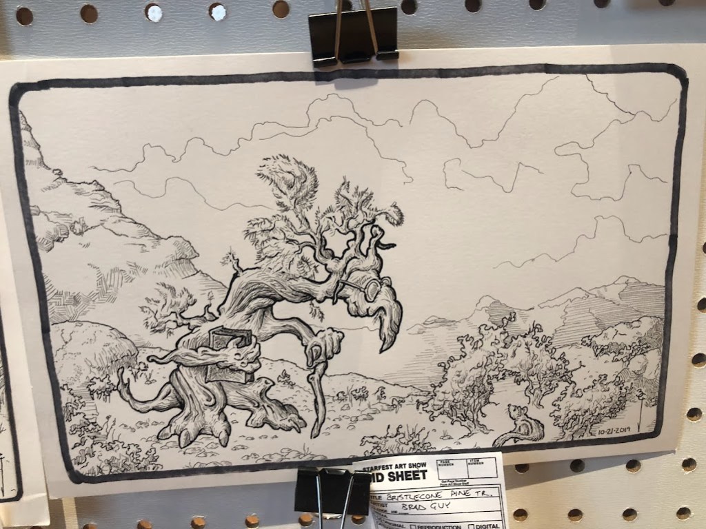 A stylized line-drawing of an anthropomorphized bristlecone pine tree, hunched over and wearing glasses, supporting itself with a cane, and carrying a book. Please tell me if you drew this. I want to buy it from you.