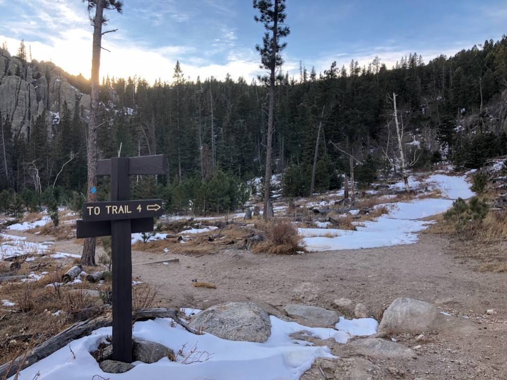 The same sign as from the photo above, but taken from the other side toward the shaded half of the trail. From this side the sign reads "TO TRAIL 4" and points right.