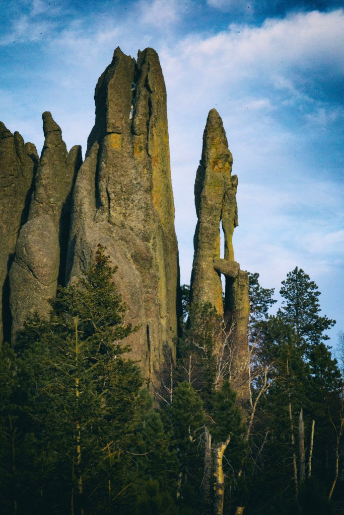 Granite spires where a bit has toppled so that it looks like crossed fingers.
