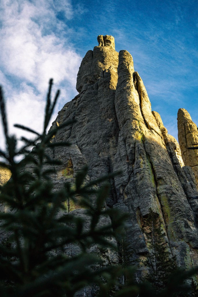 Granite spires lit by the sun.