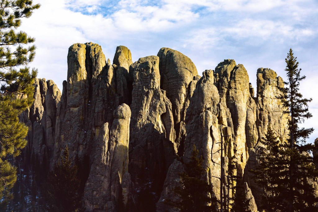 A cluster of granite spires lit by the sun and framed by dark pine trees.