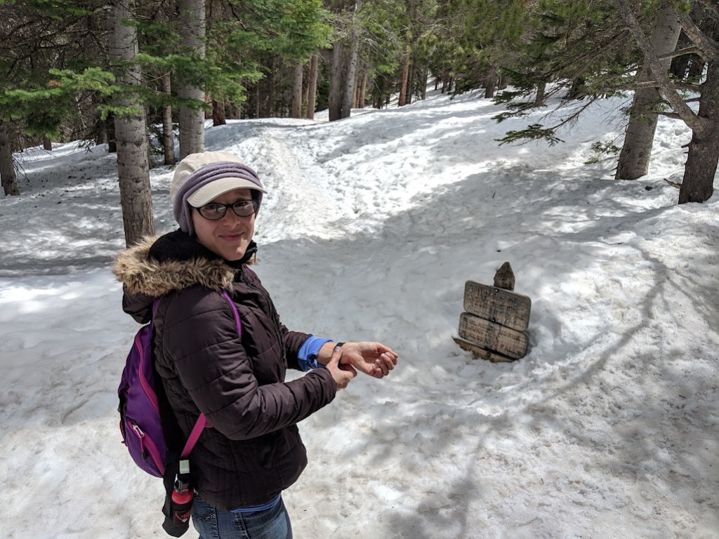 Laura stands with her body facing away from the camera and head turned back to look at the camera with a smirk on her face. Behind her, a fir forest is deeply blanketed by snow. Footprints show a trail leading into the distance. In the foreground, where the footprints begin, the top of a wooden trail sign peeks out of the snow. It is illegible, but its height suggests the snow is probably three feet deep.