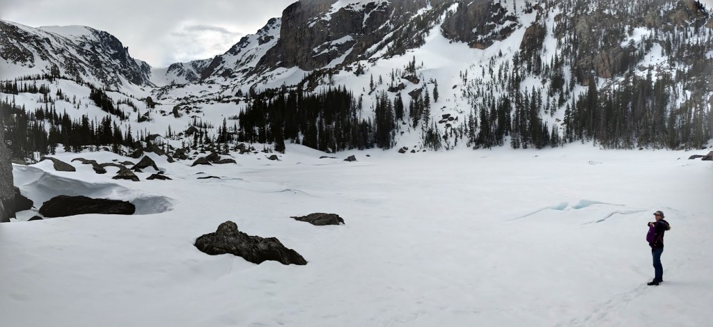 A wide photo that appears to be black and white, but isn't quite. Laura stands at the bottom right, quite a distance away. She is looking out across the rest of the photo, which shows a field of white snow interrupted by occasional black boulders, with a distant background of steep, rocky slopes. In places, the depth of the snow drifts can be seen by the shadows they leave. Some are probably more than ten feet tall.