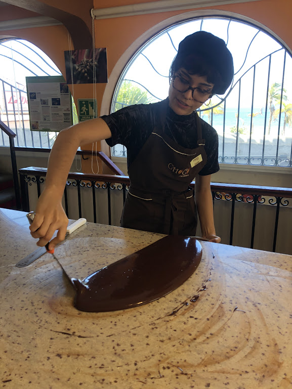 Lizzette uses the putty knife to scrape the puddle of chocolate toward herself. It is much smaller now, and disappears over the back of the counter in front f her, where she is holding a bowl to catch it.