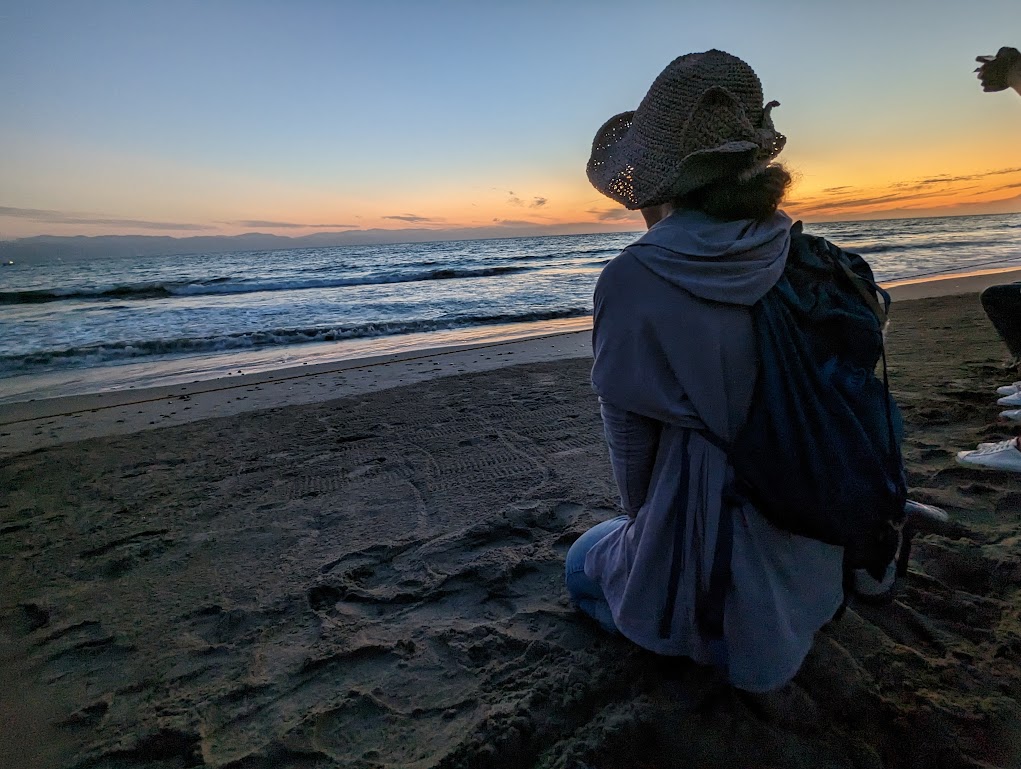 Laura fills the right half of the frame. She is kneeling in the sand, her back toward the camera, looking out to where the ocean waves ripple onto the sand. In the sand nearer her, several turtle-trails can be seen leading to the water.